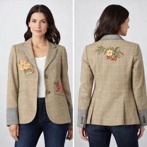 Jones New York Lambswool Floral Embroidered Plaid Blazer Tan Windowpane Size 12